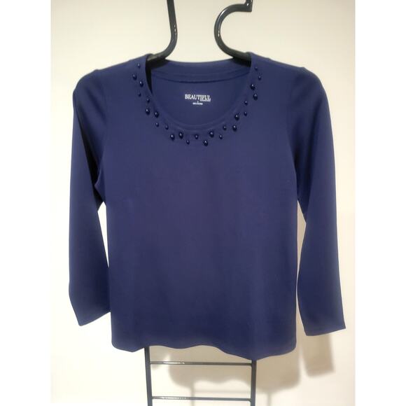 BEAUTIFUL Lawrence Zarian Navy Small Silky Ponte Top Faux Pearls A630470 NWOT - Picture 3 of 9